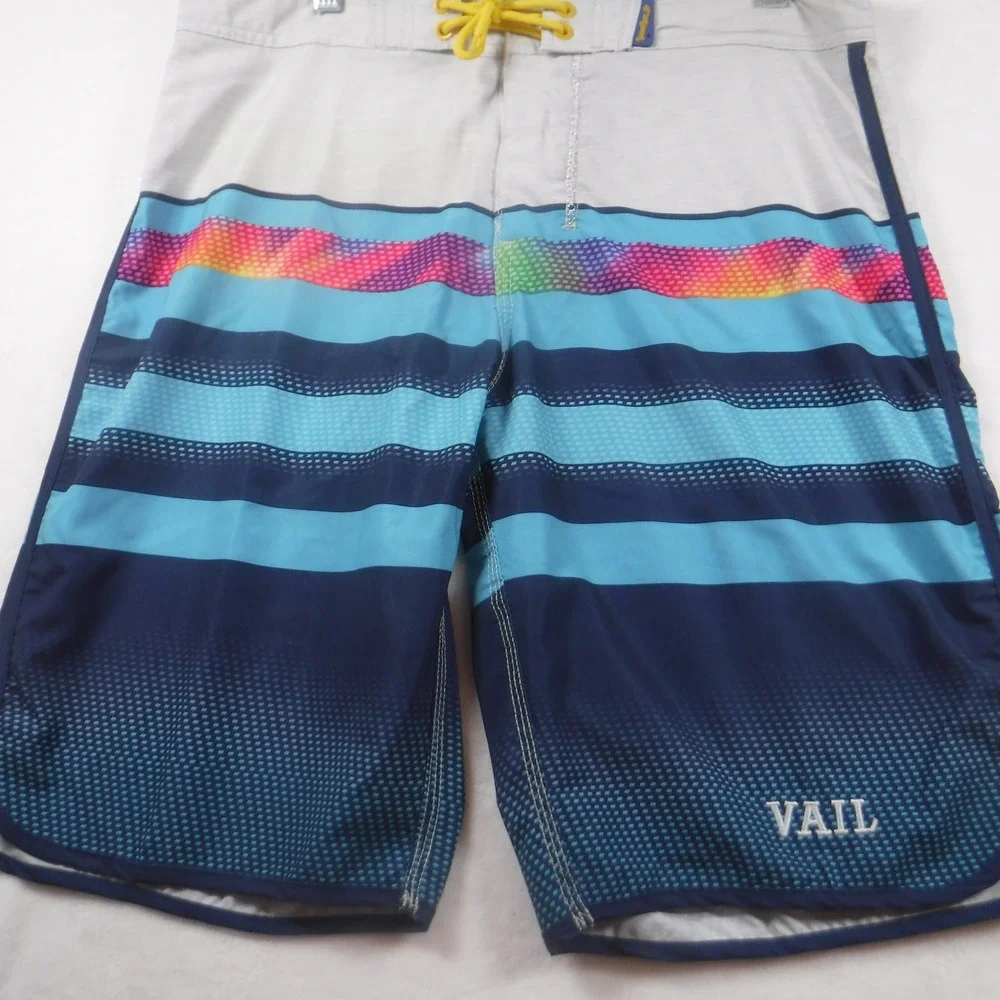 Banana Boat Mens Board Shorts Large Vail Striped Blue Rainbow UPF 50 Fast‎ Dry